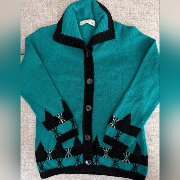 Vintage 1960's teal and black lambswool cardigan - Picture 1 of 4